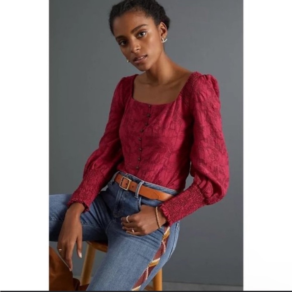 Anthropologie Women's Red Puff-Sleeved Blouse